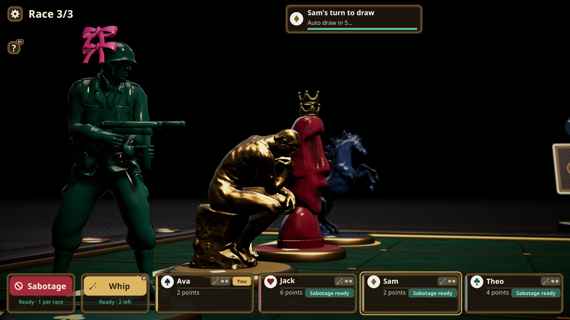 race 3's line-up: the Toy Soldier with two ribbons, The Thinker, the Moai with two crowns and the Porcelain Horse.