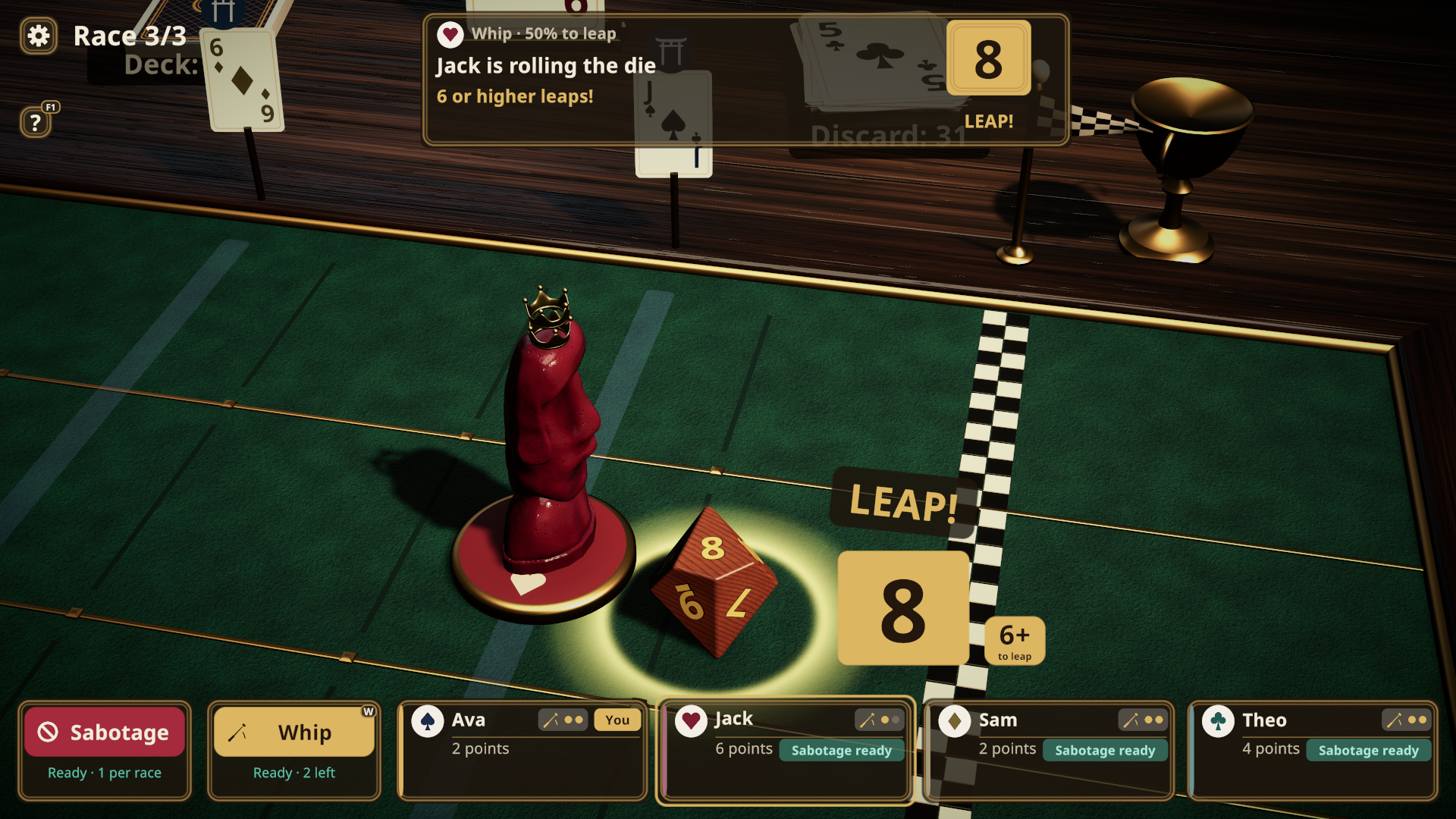 a whip roll of 8: "LEAP!".
