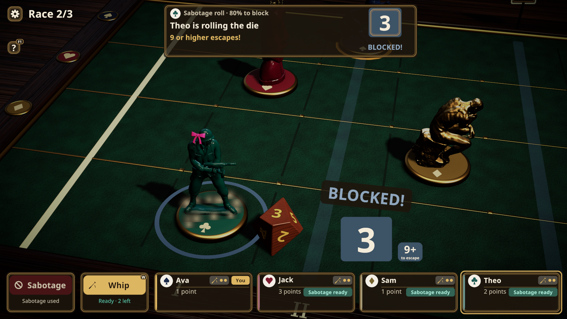 an escape roll of 3: "BLOCKED!".